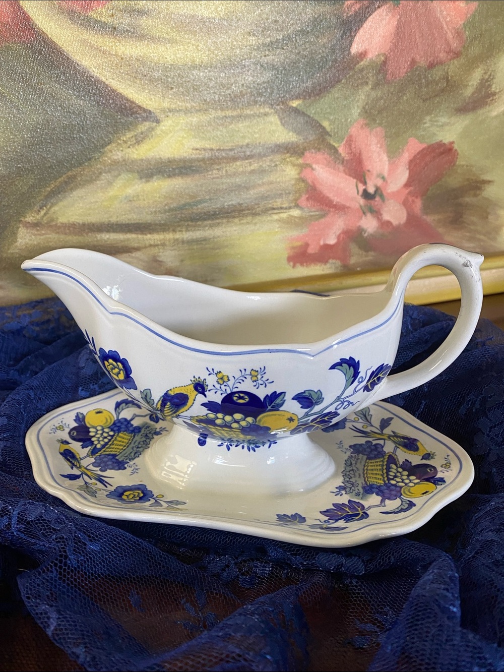 Vintage Spode Copeland “Blue Bird” Gravy Boat With Attached Underplate.